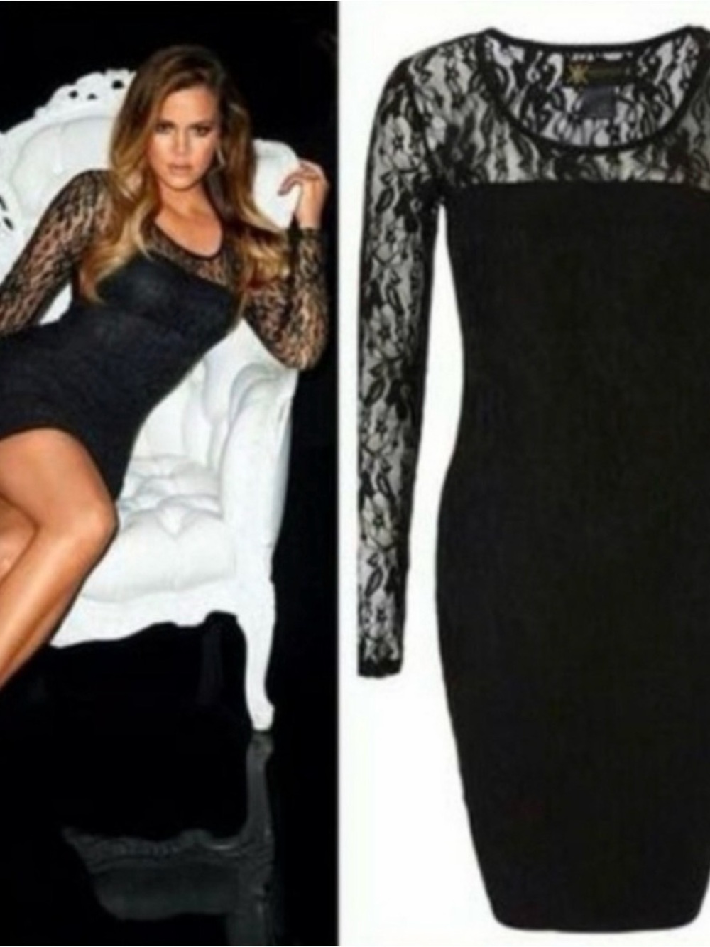 Kardashian Kollection Black Lace Long-Sleeve Bodycon Dress